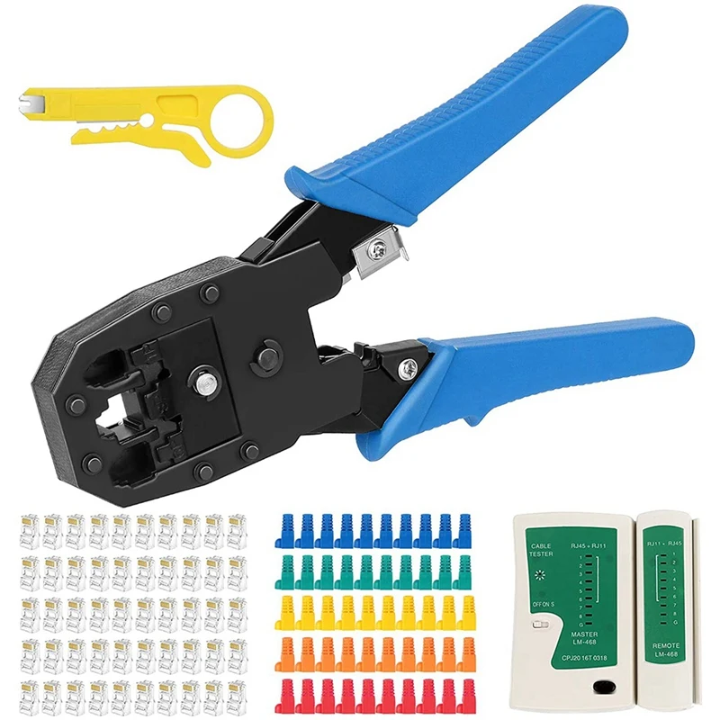 RJ45 Crimp Tool Kit, Cat5 Cat5E Crimp Tool Set, Crimp Tool with Cat5 Cat6 RJ45 Connectors, Mixed Strain Relief Boots 