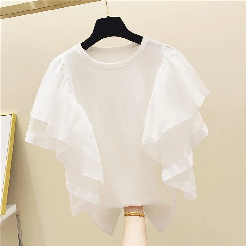 

White Tshirt Woman Summer Ruffles Sleeve T Shirt Girls Lady's All Match Basic Tee T-shirt