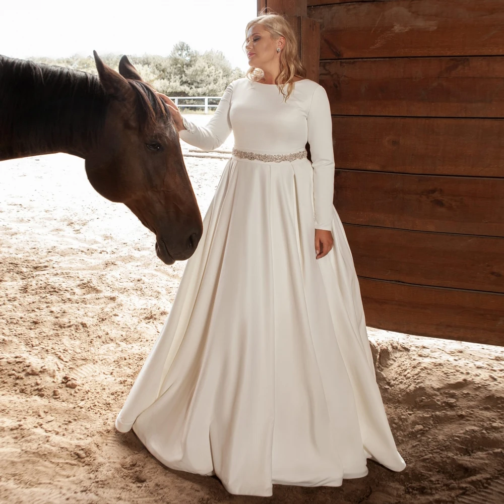 

Modest Satin Wedding Dress Elegant Long Sleeves O Neck Simple Bride Gown Sweep Train Beading Belt Bridal Dresses