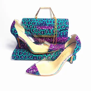 

Lovely Blue&Purple Prints Fabric women handbag matching cotton batik wax fabric and high heel shoes sets 6yards 912-14