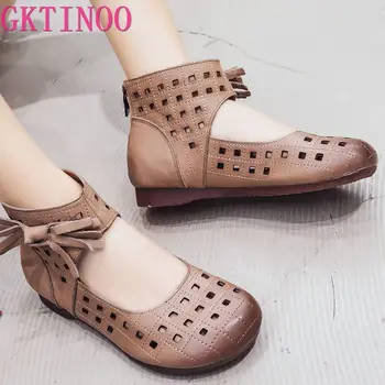 

GKTINOO Summer Sandals Women Boots 2020 Handmade Retro Women Genuine Leather Flat Heel Hollow Soft Bottom Women Casual Boots