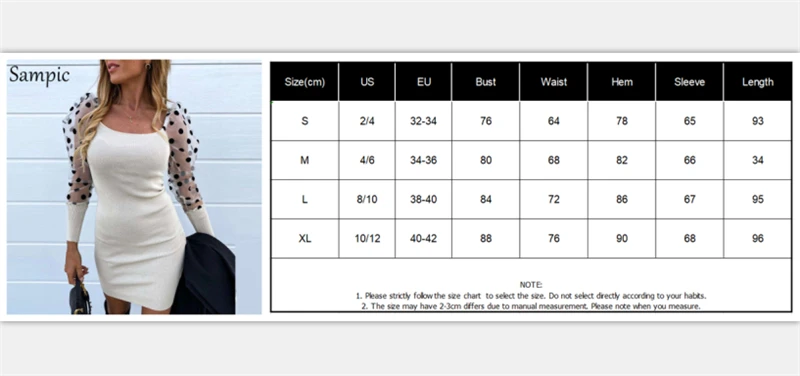 Sampic, сексуальный женский модный Повседневный тонкий женский облегающий вязаный свитер, платье с квадратным воротником, пышное Сетчатое платье в горошек с длинным рукавом