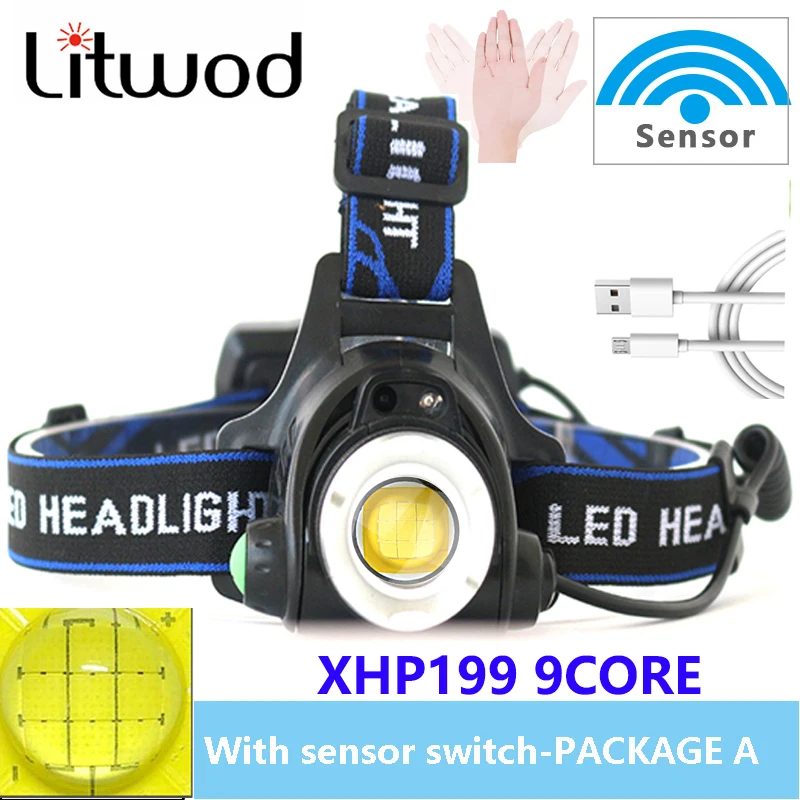 

XHP199 The Most Powerful LED T6 Headlamp Sensor Fishing Headlight 3 Modes Zoomable Waterproof Super bright camping Head Lamp