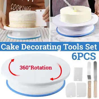 

New 6Pcs/Set 11 Inch Plastic Cake Turntable Rotating Dough Knife Decorating Cream Cakes Stand Rotary Table DIY Baking Tool Set