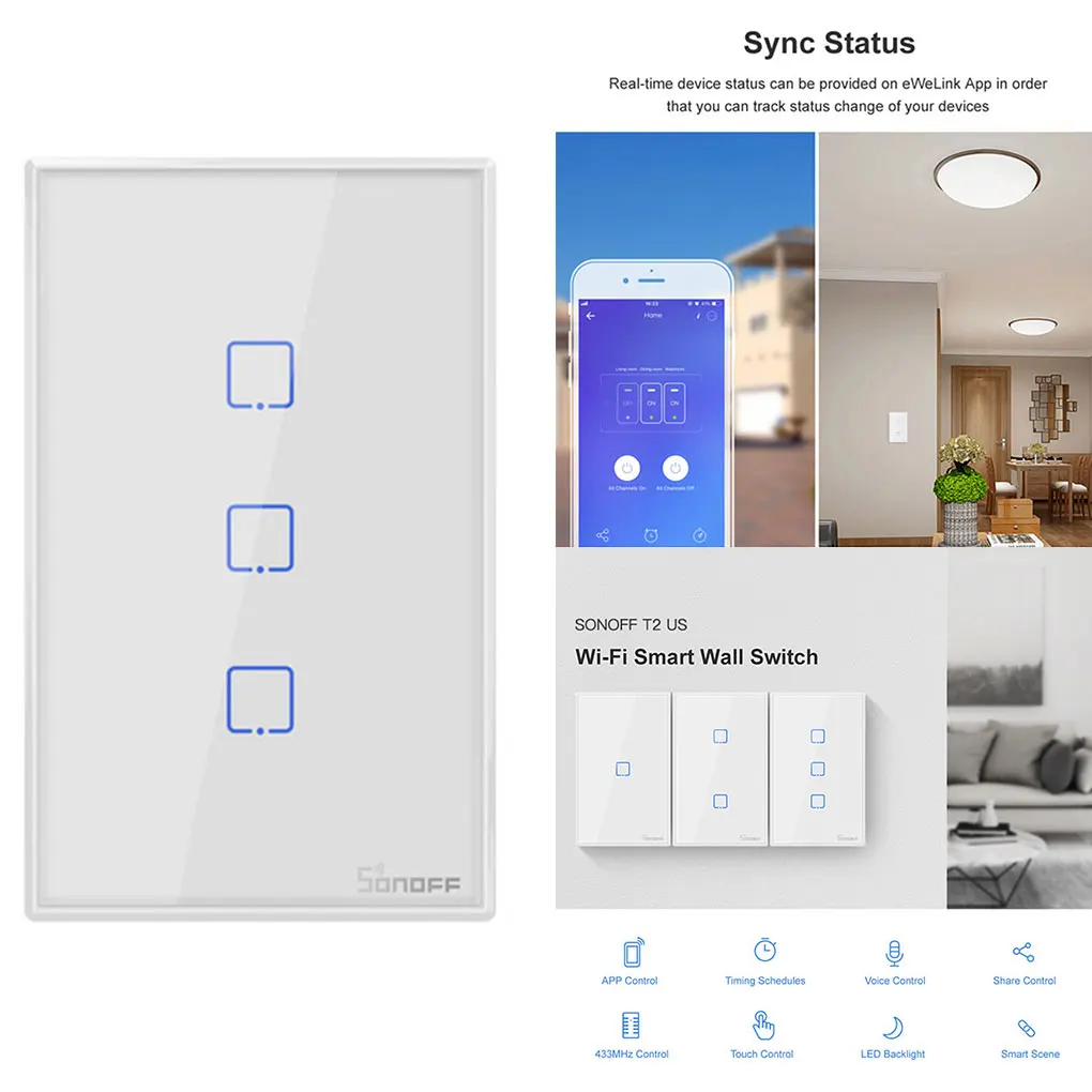 Интеллектуальный выключатель света SONOFF T2US TX Smart Wifi сенсорный настенный светильник Панель переключения умный дом 1/2/3 433 RF/Голосовое управление/приложение Управление нам Стандартный