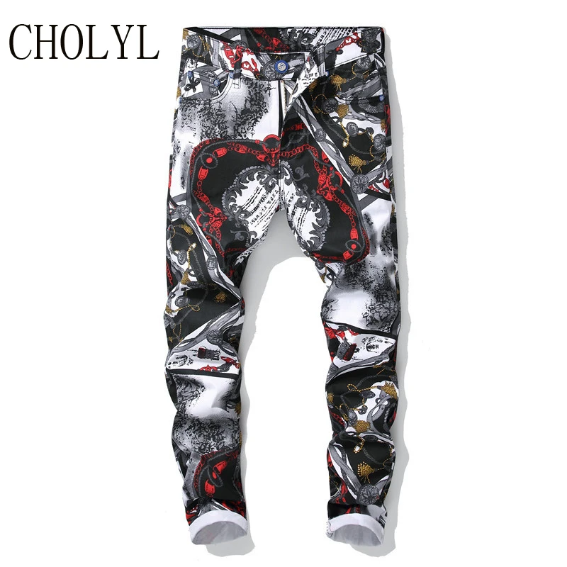 Multi 2019CHOLYL Мужская мода 3D узоры slim fit прямые печатные джинсы модные белые черные цветные тянущиеся джинсы высокого качества - Цвет: Multi