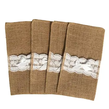 

20Pcs Burlap Lace Cutlery Pouch Rustic Wedding Tableware Knife Fork Holder Bag M6CE