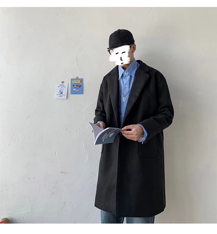 Корейское Мужское пальто осень-зима, длинное шерстяное пальто, модное однотонное свободное высококачественное шерстяное пальто на одной пуговице, мужское M-XXL
