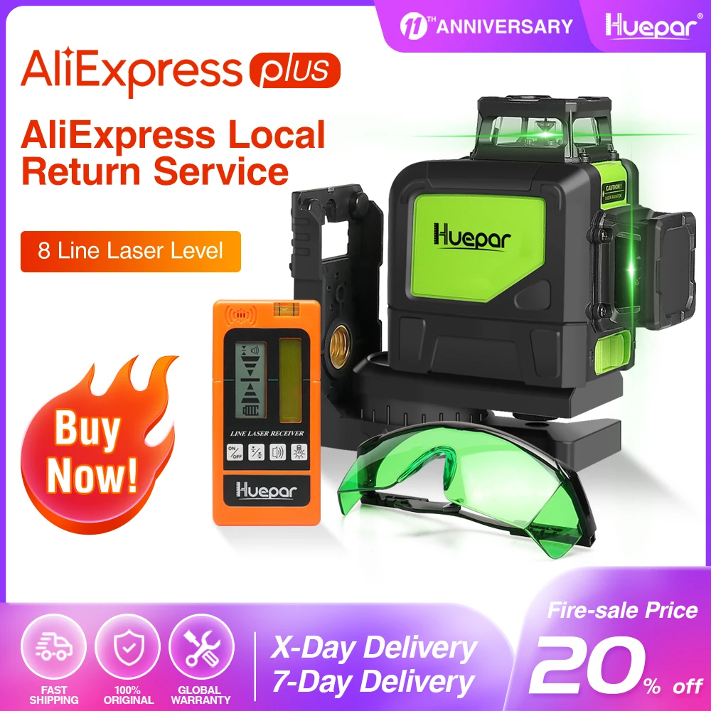 Huepar Self-leveling Professional Green Beam 360 Degree Cross Line Laser Level+Huepar Laser Receiver+Laser Enhancement Glasses