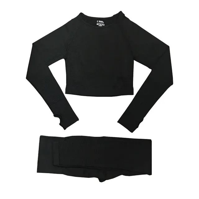 2/3/5PCS Women Sportswear Yoga Set Gym Clothing Tracksuit Long Sleeve Crop Top High Waist Seamless Leggings Fitness Sports Suits 2pcs black