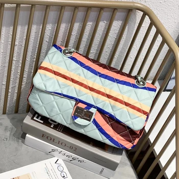 

Crossbody Messenger Bag Rainbow Color Striped Nylon Shoulder Bag Quilted Chain Bag Diamond Plaided Handbag For Women 2020 New