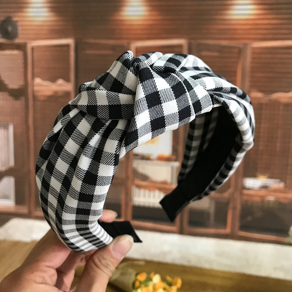 Fresh And Literary Check Pattern Print Headband Knotted Bow Wide Head Hoop Women Hair Accessories Girl Headwear Headdress