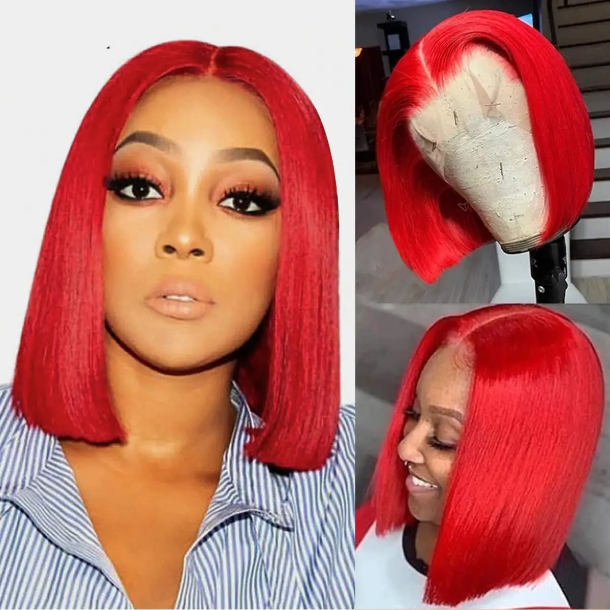 

Colored Lace Front Virgin Human Hair Wigs Short Red Bob Lace Front Wigs with Baby Hair Pre Plucked Hairline 150% Density