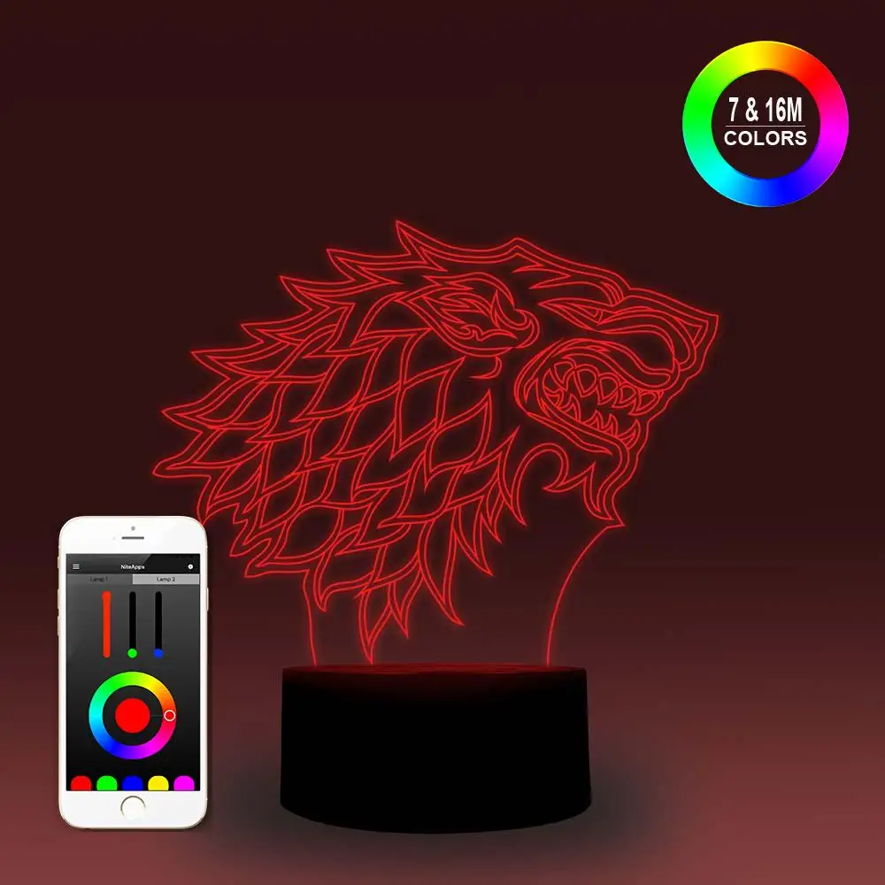 NiteApps 3D получил Старк логотип «Игры престолов» ночник стол Иллюзия Декор лампа подарок на день рождения приложение/сенсорный контроль