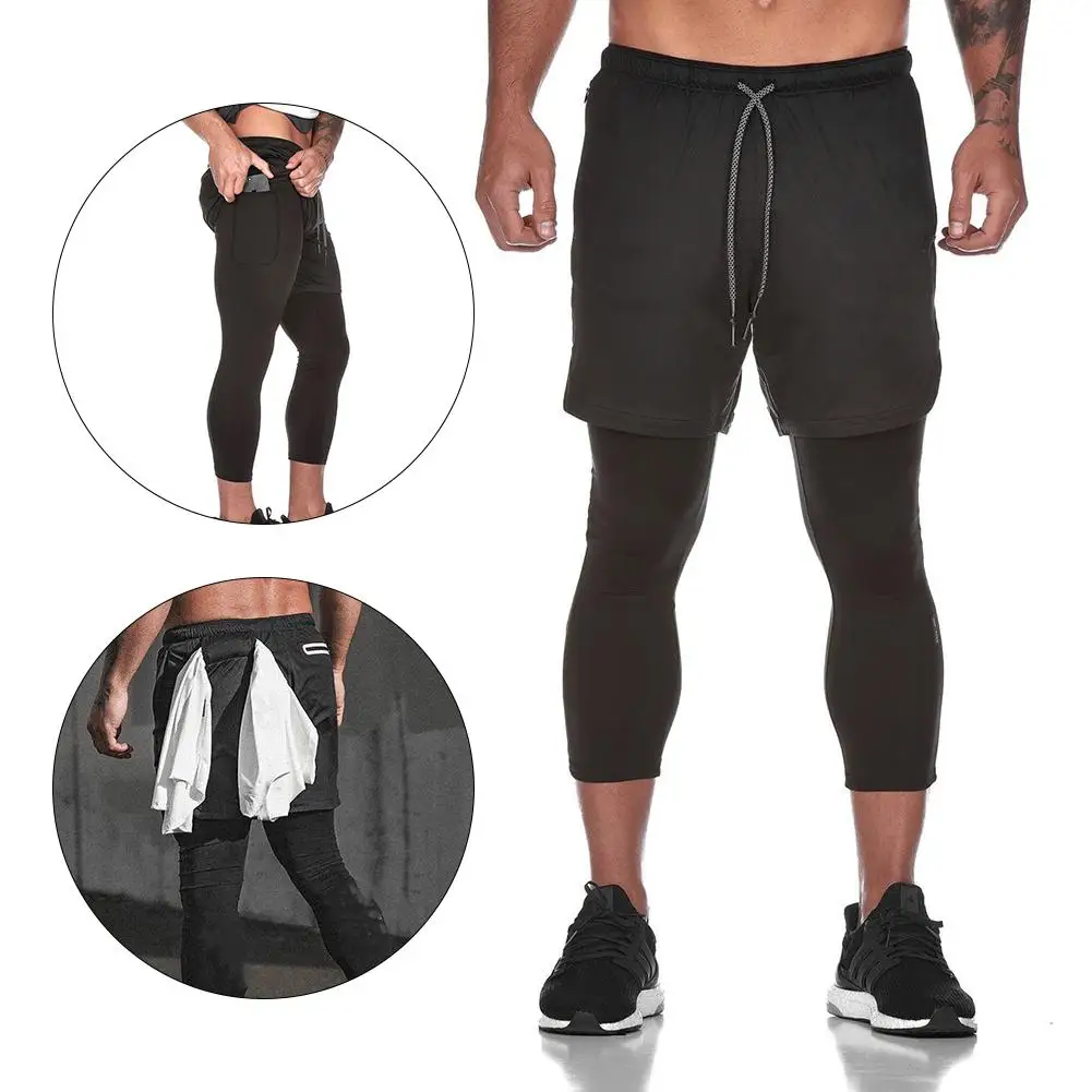 

Spring Autumn Double Layers Cropped Shorts Men Quick-drying Compression Breathable Basketball Sweatpants Running Sports Shorts