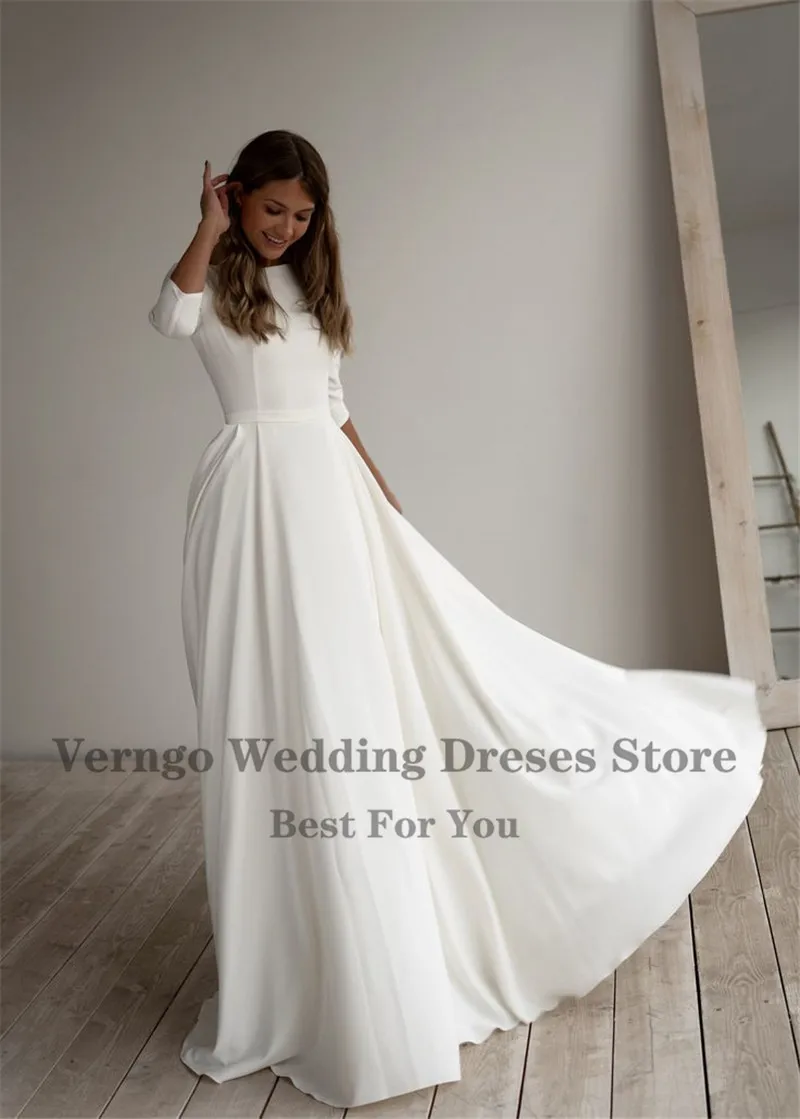 Verngo Simple Wedding Dress Long Sleeves A Line Crepe Boat Neck Elegant Bridal Dresses With Pockets Plus Size robe de mariee