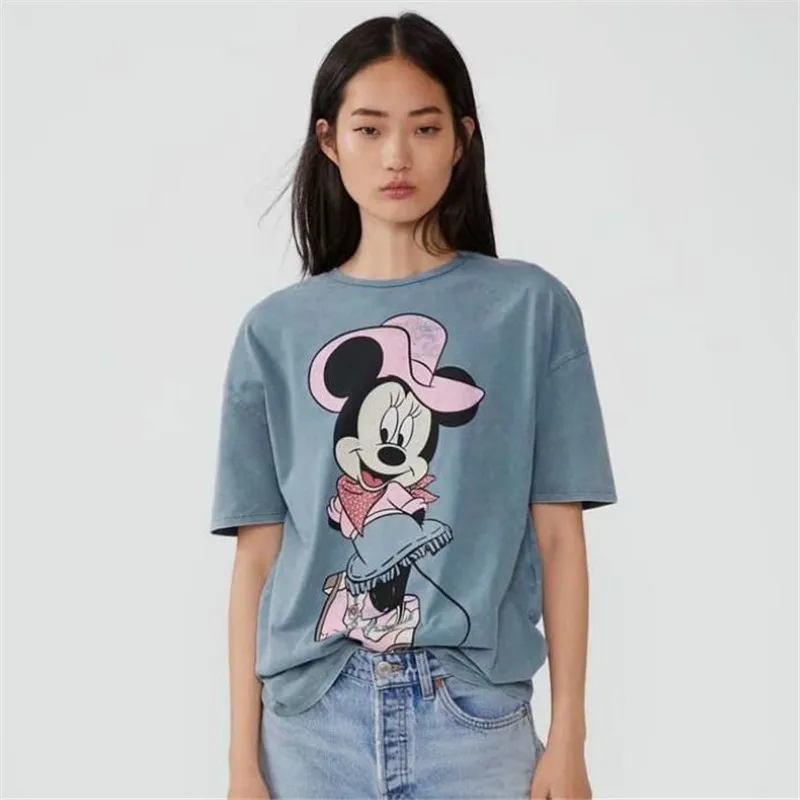 Harajuku футболки Минни женские шлепанцы с рисунком; короткий рукав с круглым вырезом Для женщин футболка Топы Minnie футболка для женская одежда футболки
