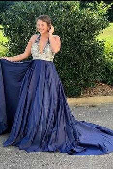 

Prom Evening Dress Halter Satin With Sequins Open Back Court Train robe de soiree abiti da cerimonia vestidos de fiesta