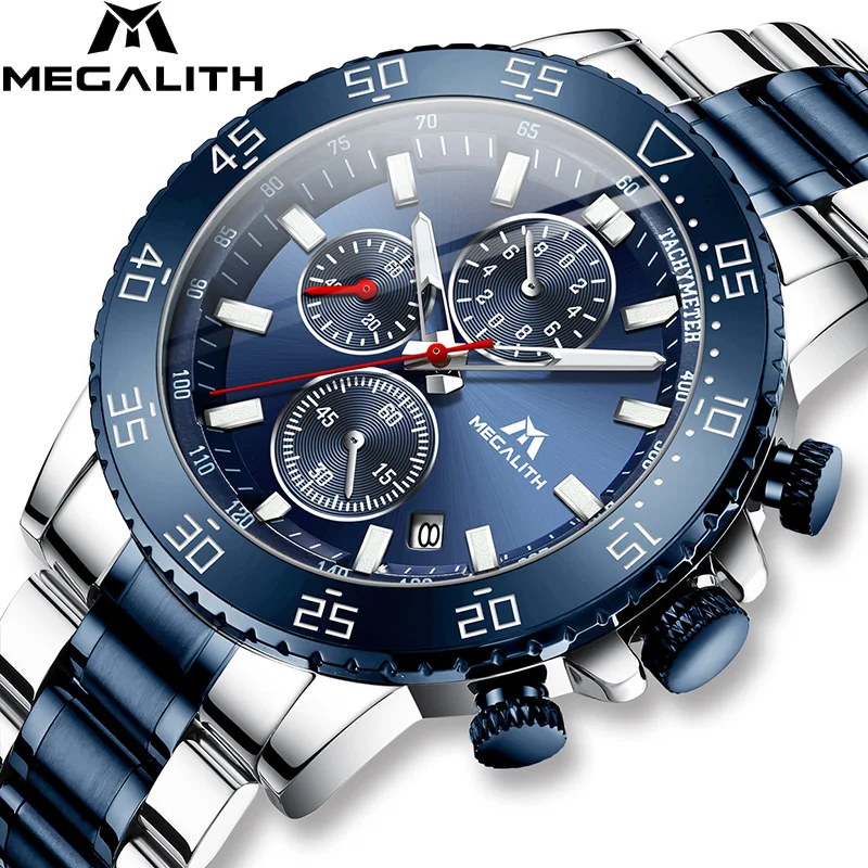 

MEGALITH Mens Watches Top Brand Luxury Quartz Watch For Male Stainless Steel Wristwatch Timer Chronograph Clock Blue Dial 8087