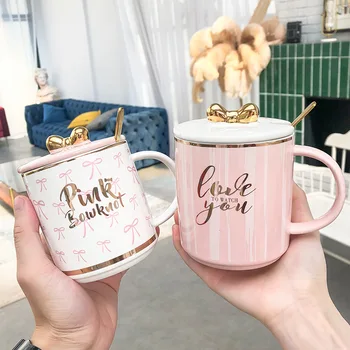 

Fashion Creative Cute Girl Heart Cartoon Style Ceramic Mug Cute Bow with Lid and Spoon Coffee Tea Milk Fruit Juice Breakfast Cup