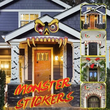 

2 Sets Of Halloween Scary Eyes Fangs Party Decoration Grimace Window Wall Decal Sticker Party Scary Decoration HW022