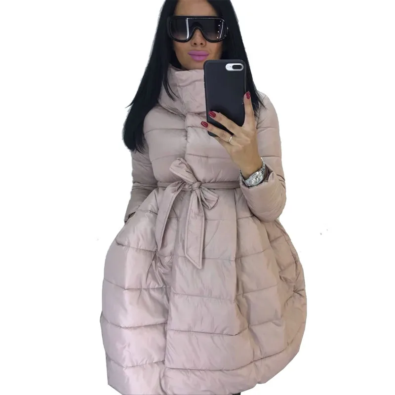 Koop Winter Jas Vrouwen Rok Parka Mode Strik Taille Medium Lange Stand Kraag Katoen Gevoerde Warme Jas Chaqueta Mujer Invierno