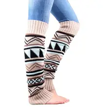 

1 Pair Women Leg Warmers Geometric Pattern Knitted Autumn Winter Color Block Thicken Warm Long Boot Socks for Daily Wear