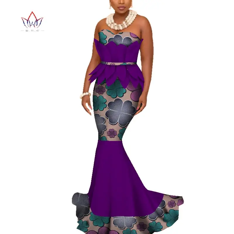 Африканские платья для женщин Bazin Riche с принтом вечерние длинные платья Дашики африканская одежда кружевные платья с оборками WY3949 - Цвет: 1