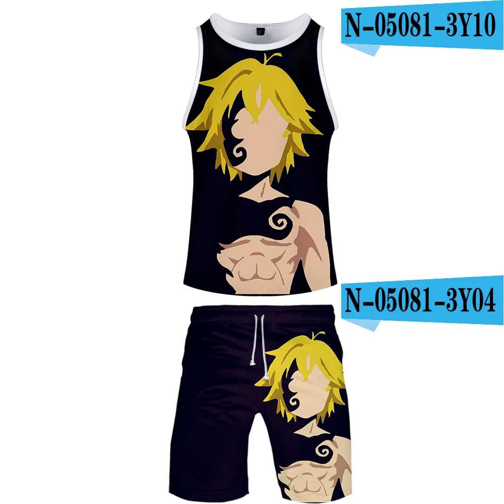 The Seven Deadly Sins Mens Tank Tops Shirt Cartoon 3D Print 2 Piece Vest Set Jerseys Harajuku Summer Anime Tracksuit Men Clothes - Цвет: one