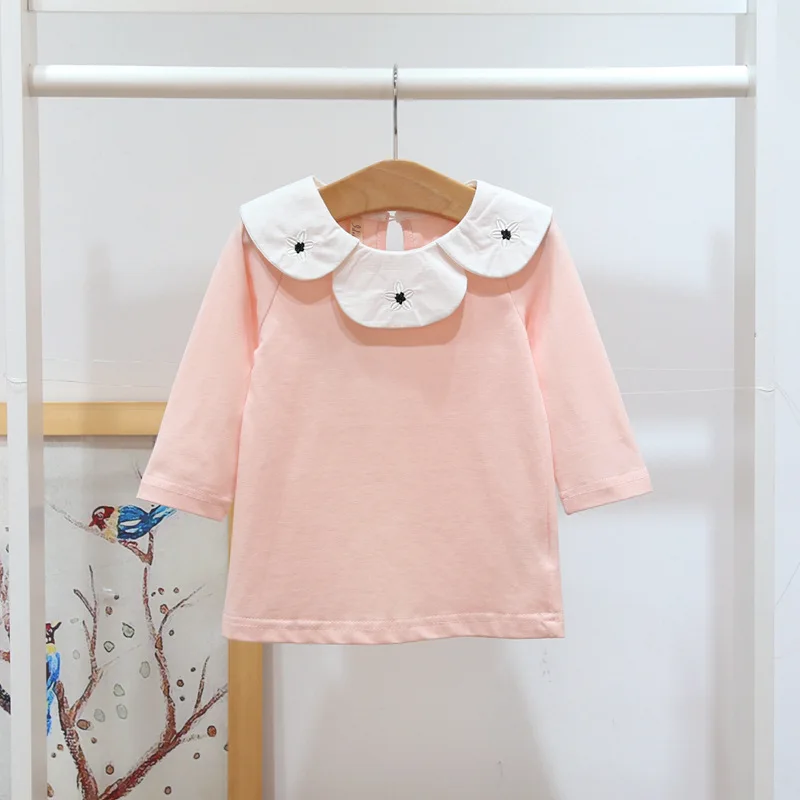 Рубашка для новорожденных; детская хлопковая блузка с воротником «Питер Пэн» для маленьких девочек; топы; футболки; одежда для малышей; 4 цвета; От 0 до 2 лет - Цвет: Розовый