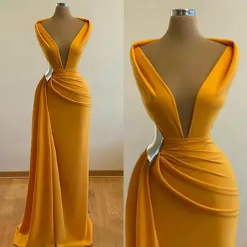 

Sexy Cheap Yellow Mermaid Prom Dresses Deep V Neck Satin Evening Dress Cocktail Party Sweep Train Formal Dress Evening Party
