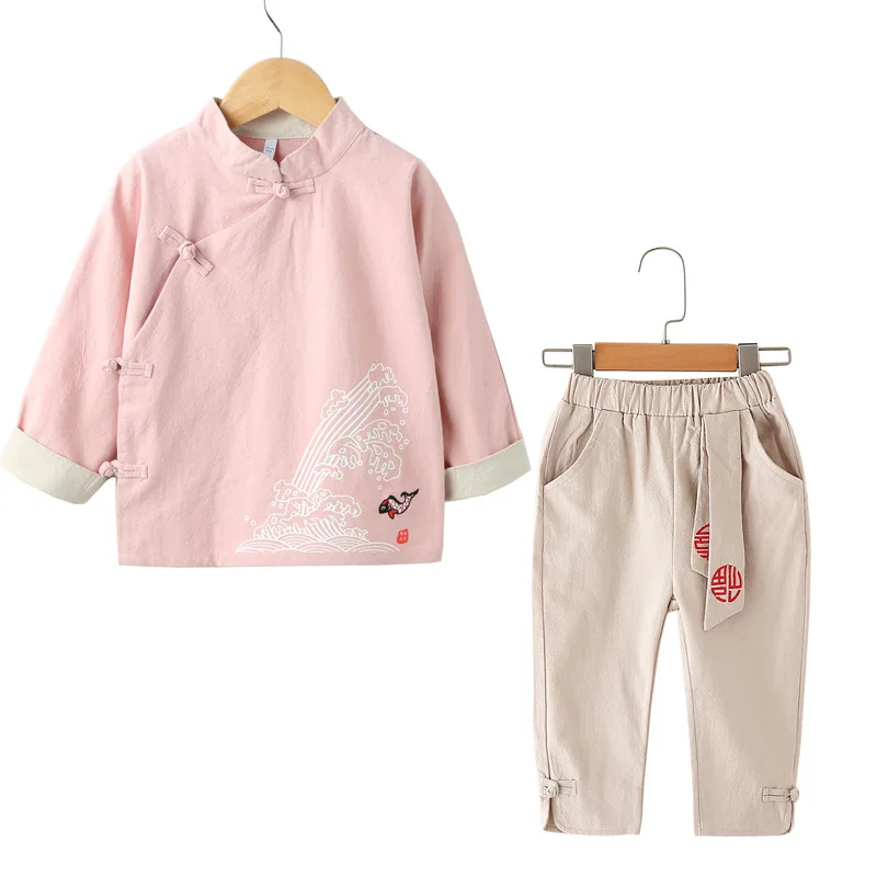 Ethnic-Style BOY'S Cotton Linen Set Children Chinese Culture Service Chinese-style Childrenswear Autumn Chinese Clothing Girls B