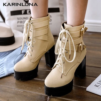 

Karinluna New Large Size 48 Platform Square High Heels Belt Buckles Fashion Cool Woman Shoes Motorcycles Ankle Boots