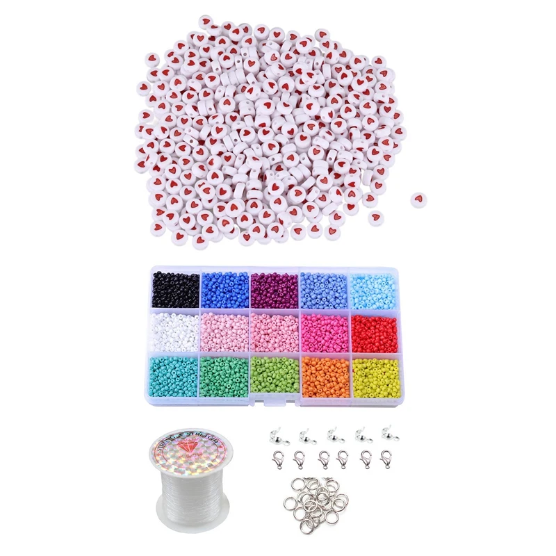 500PCs White & Red Heart Love Acrylic Flat Round Beads 7mm 2/8" Dia. 