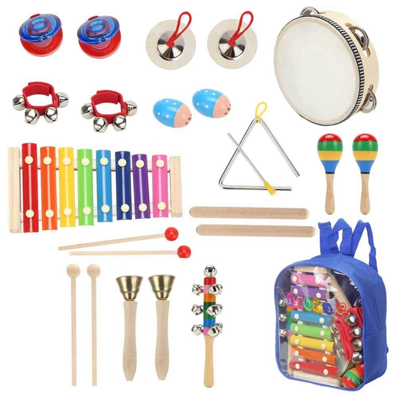 

Toy Wooden Kids Percussion Educational Musical Instrument Set for Kids with Storage Backpack