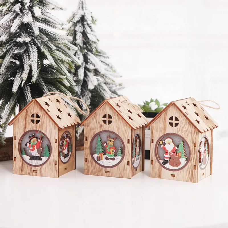 

DIY Creative Luminous Wooden House Christmas Tree Hanging Ornaments LED Lights Log Cabin Children Gifts Xmas Pendant Home Decor