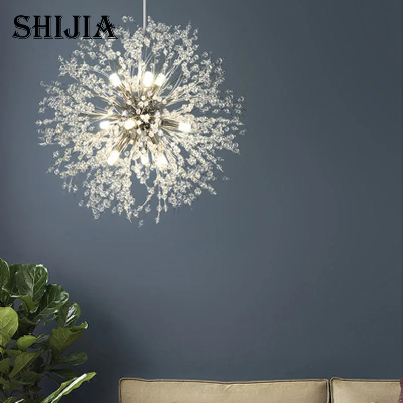 

Modern Art Chrome-plated Golden Dandelion Hanging Crystal LED Pendant Light Lighting Fixture for Bedroom