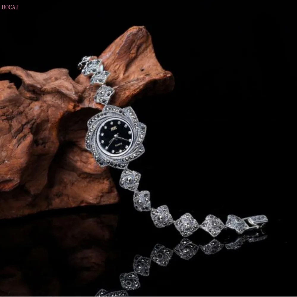 Серебро 925 S925 Стерлинговое серебро ювелирные изделия простые Красивые Ретро цветок женские часы браслеты модный браслет для женщин