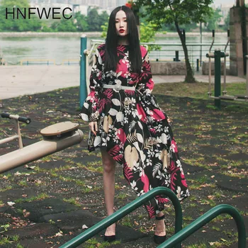 

Women Printed Mixed Color Irregular Dress New Round Neck Long Sleeve Loose Fit Fashion Tide Spring Autumn 2020 T418