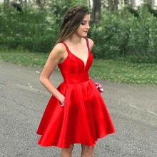 Красное атласное платье для выпускного вечера плетеные бретельки Милая Линия выпускное платье с карманами