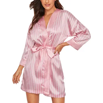 

Plus Size Sexy Lingerie Women Silk Stripe Robe Satin Bathrobe Sleepwear Striped Pajamas Ladies Nightgowns Silk Пижама Женская