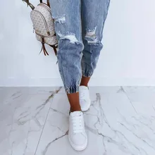 Jean déchiré en Denim pour femme, pantalon Long et décontracté, Design à poches, à la mode 