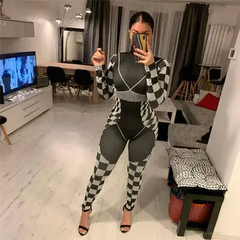 

SYSYWEL Women Sporting Jumpsuit 2020 Spring Long Sleeve Skinny Plaid Printed Bodysuit Women Running Tracksuit High Waist Romper