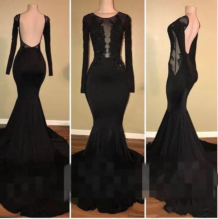 

2020 Charming Black Jewel Prom Dresses Applique Long Sleeve Elastic Satin Sweep Train Mermaid Formal Evening Dresses Prom Gowns