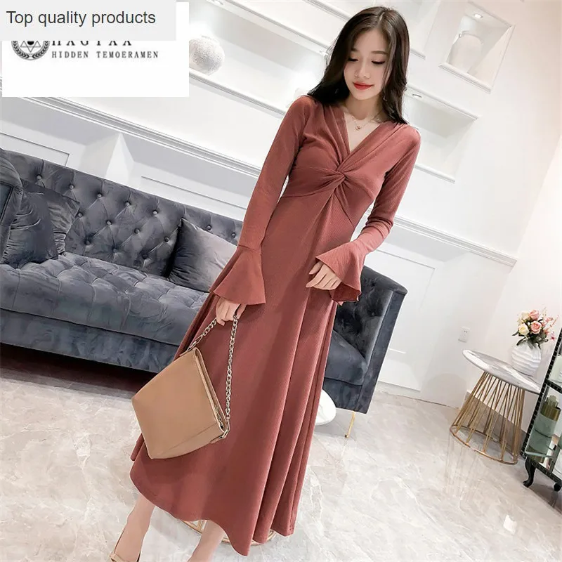 2020 Spring New Women Retro over the knee Long Dress Fashion Sexy retro knit Dresses sleeve V-neck High waist C027 | Женская одежда
