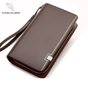 

YUESKANGAROO Men Clutch Bag Long Purse Double Zipper Business Wristlet Wallet Leather Male Large capacity Casual Handy Bags