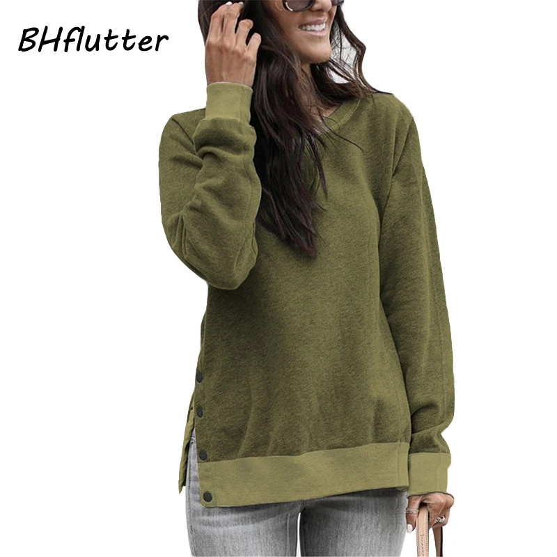 Skup BHflutter 2019 sweter kobiet zieleń wojskowa z długim rękawem przyciski codzienna bluza z kapturem puszyste jesień zima bluzy topy sudadera mujer