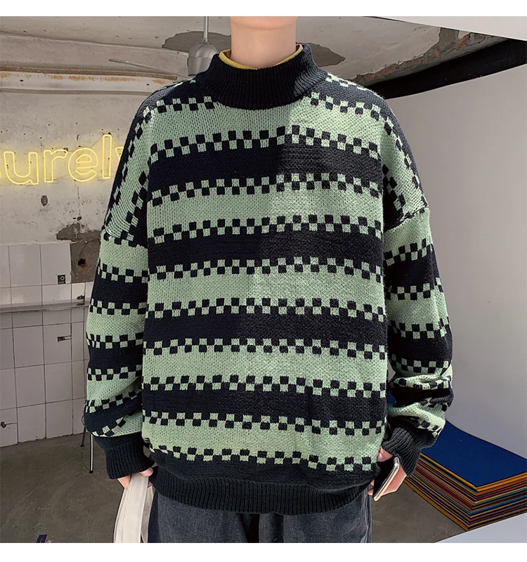 Winter Sweater Men Warm Fashion Contrast Color Casual Knit Sweater Man Sweter Clothes Loose Long-sleeved Pullover Male Clothes