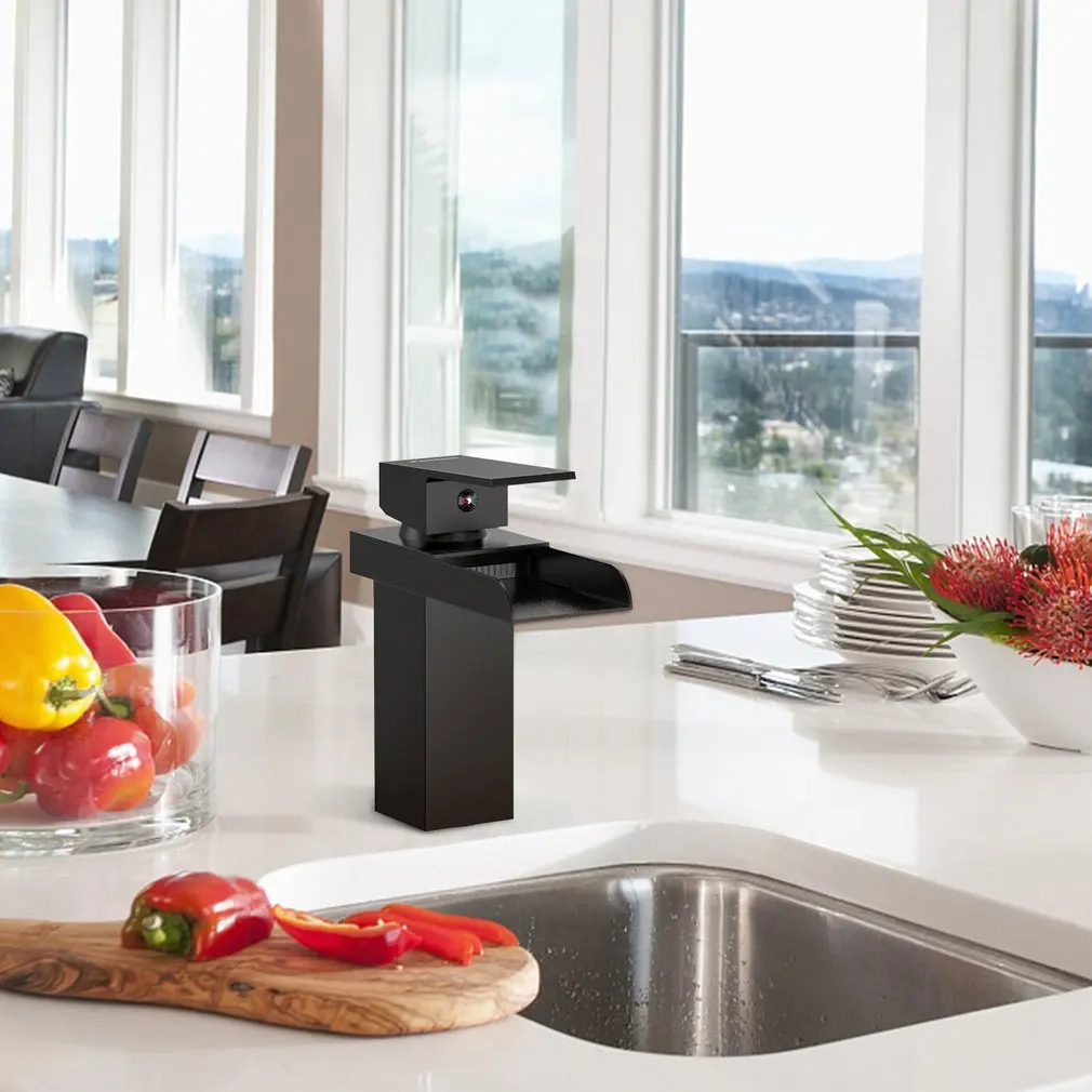 

Modern Single Handle Waterfall Bathroom Vanity Sink Faucet Cold & Hot Water Mixer Tap Wash Basin Faucet Kitchen Deck Mounted