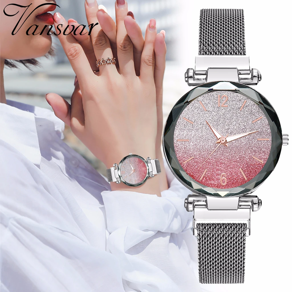 

Hot Sale Women Magnet Buckle Gradient Color Starry Sky Watch Luxury Ladies Stainless Steel Mesh Belt Quartz Watches Gift Clock
